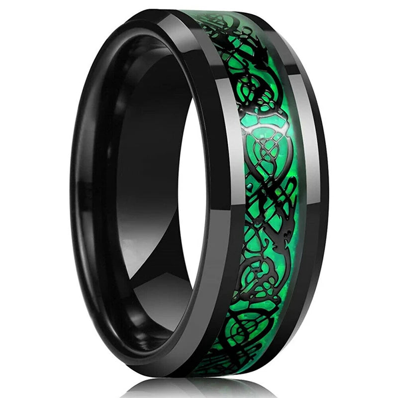 Celtic Dragon Tungsten Ring — 8mm Black Band with Blue Zircon Inlay