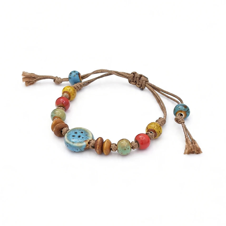 Ceramic Bead Bracelet — Adjustable Macramé Cord, Handmade Minimalist