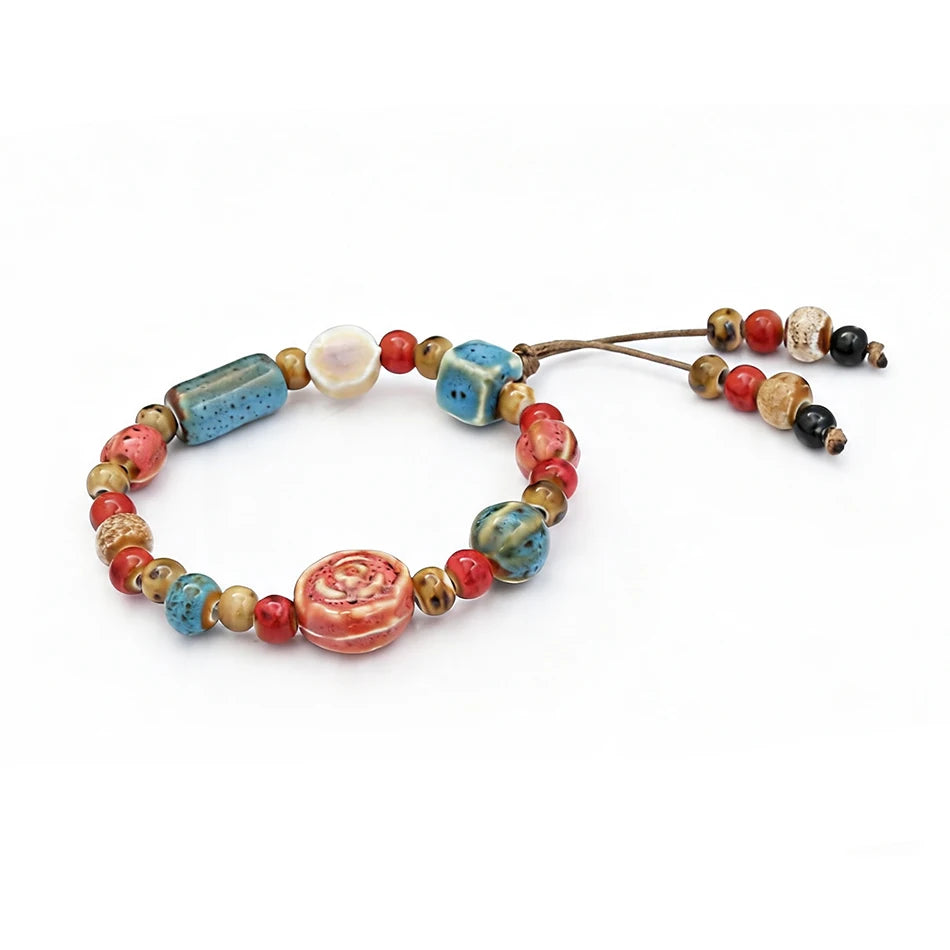 Ceramic Bead Bracelet — Adjustable Macramé Cord, Handmade Minimalist