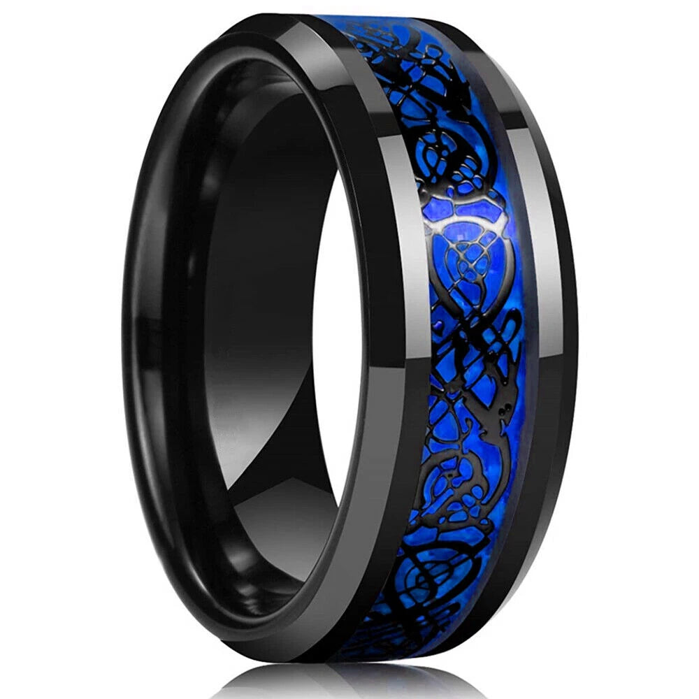Celtic Dragon Tungsten Ring — 8mm Black Band with Blue Zircon Inlay