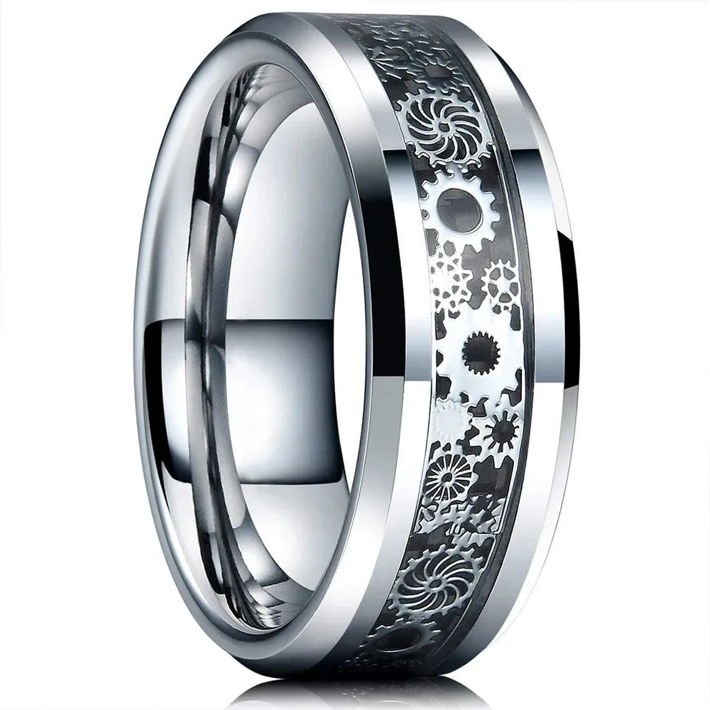 Celtic Dragon Tungsten Ring — 8mm Black Band with Blue Zircon Inlay