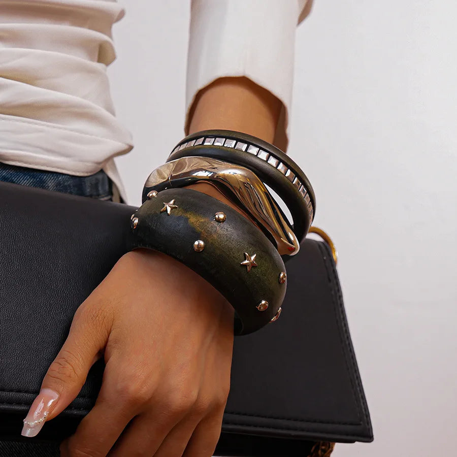 Wide Wood Bangle — Natural Beads with Rivet Detail, 18 Styles