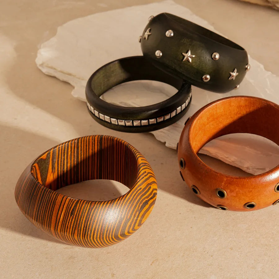 Wide Wood Bangle — Natural Beads with Rivet Detail, 18 Styles