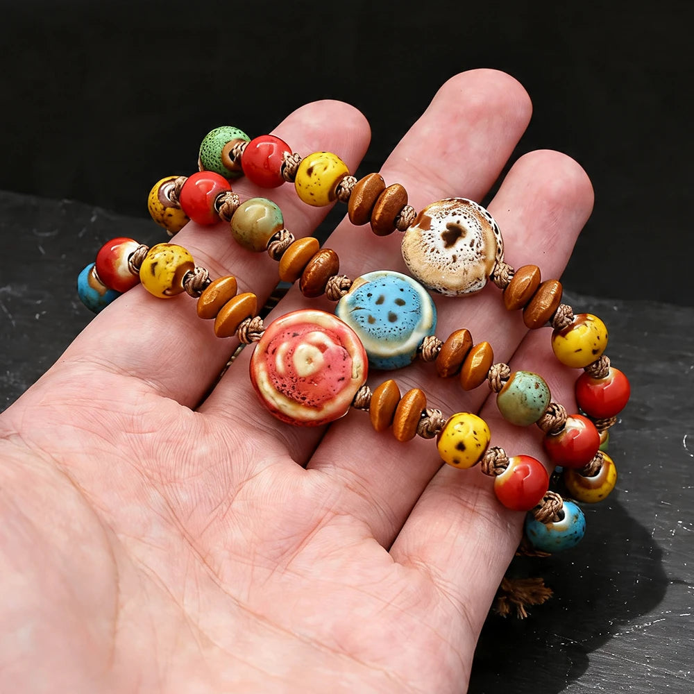 Ceramic Bead Bracelet — Adjustable Macramé Cord, Handmade Minimalist