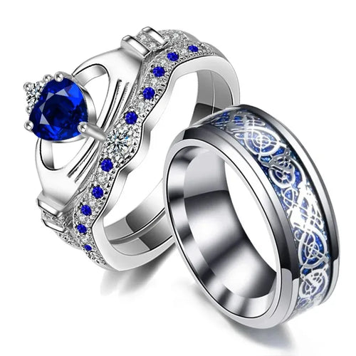 Dragon & Crown Couple Rings — Matching Stainless Steel Set for Two