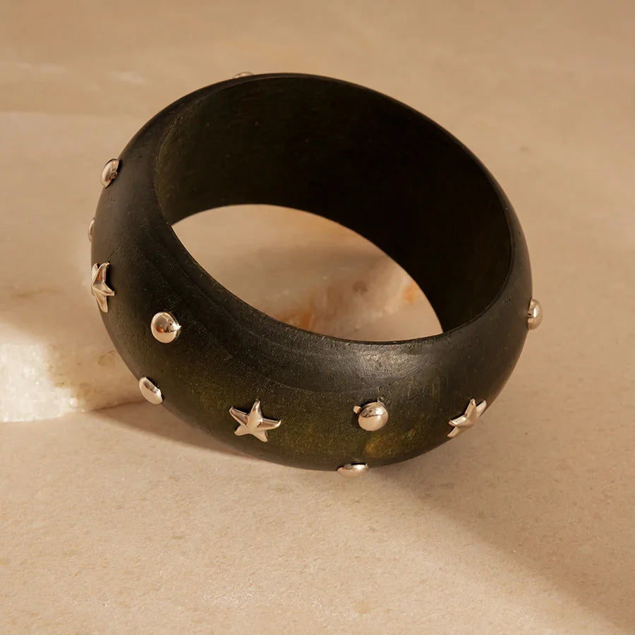 Wide Wood Bangle — Natural Beads with Rivet Detail, 18 Styles