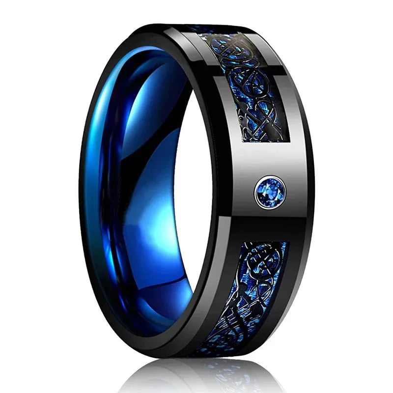 Celtic Dragon Tungsten Ring — 8mm Black Band with Blue Zircon Inlay