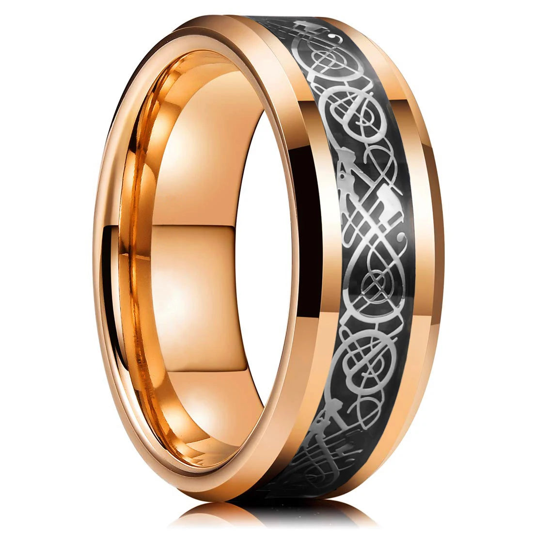 Celtic Dragon Tungsten Ring — 8mm Black Band with Blue Zircon Inlay
