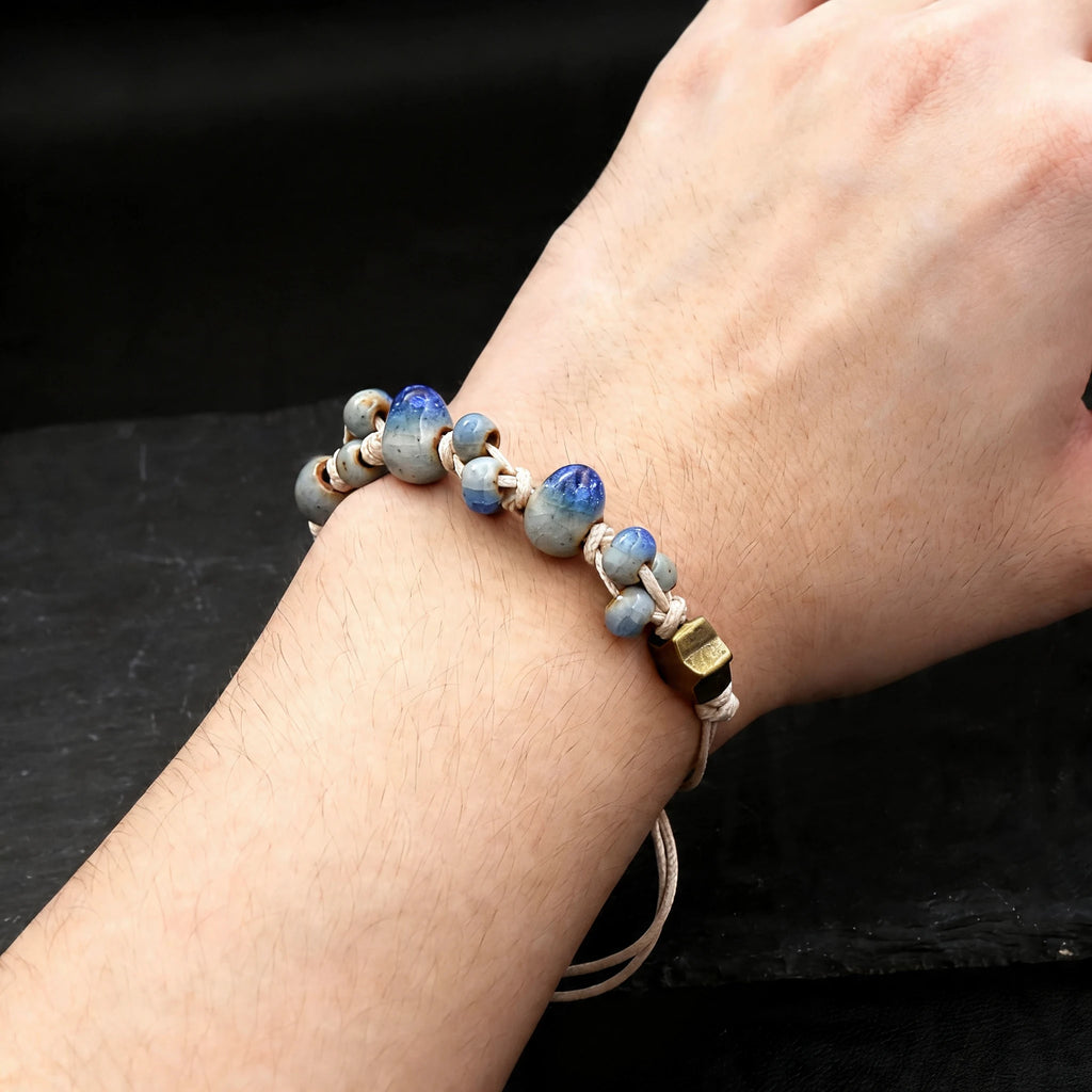 Ceramic Bead Bracelet — Adjustable Macramé Cord, Handmade Minimalist
