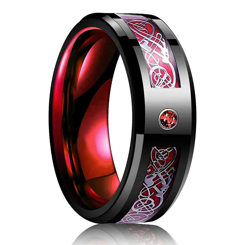 Celtic Dragon Tungsten Ring — 8mm Black Band with Blue Zircon Inlay