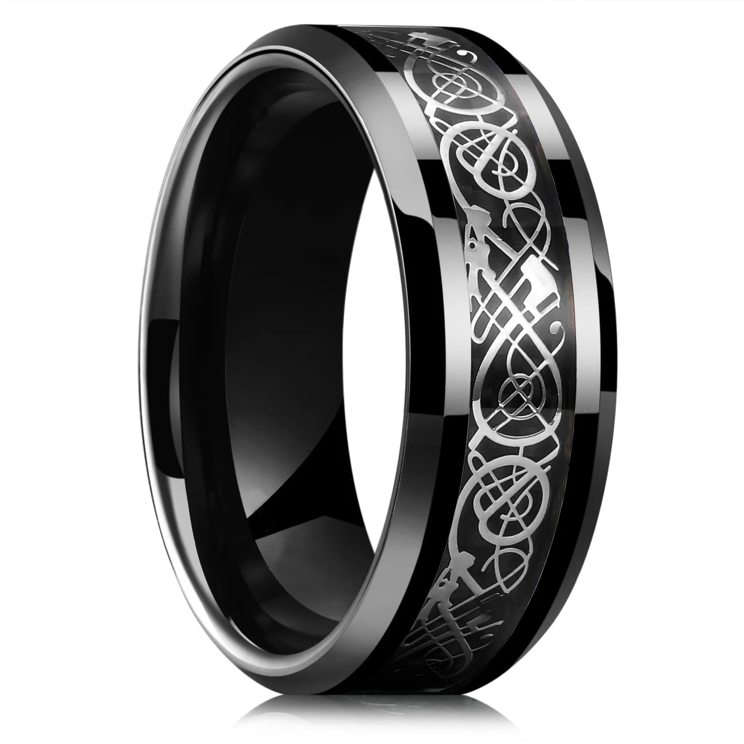 Celtic Dragon Tungsten Ring — 8mm Black Band with Blue Zircon Inlay