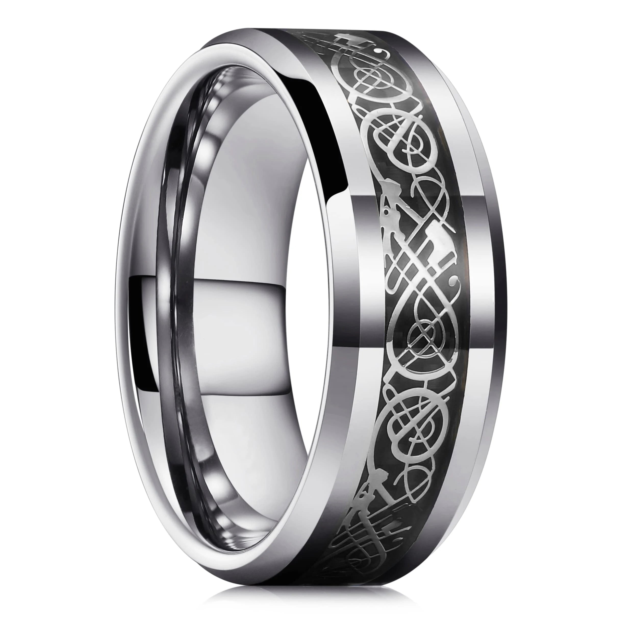 Celtic Dragon Tungsten Ring — 8mm Black Band with Blue Zircon Inlay
