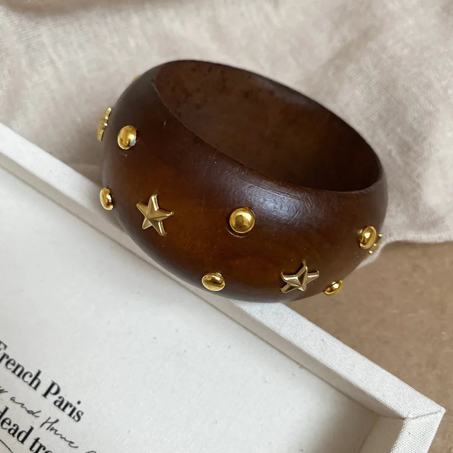 Wide Wood Bangle — Natural Beads with Rivet Detail, 18 Styles