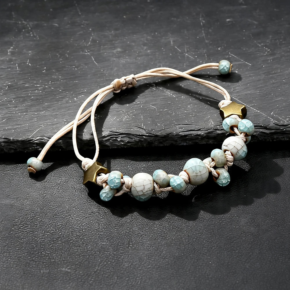 Ceramic Bead Bracelet — Adjustable Macramé Cord, Handmade Minimalist
