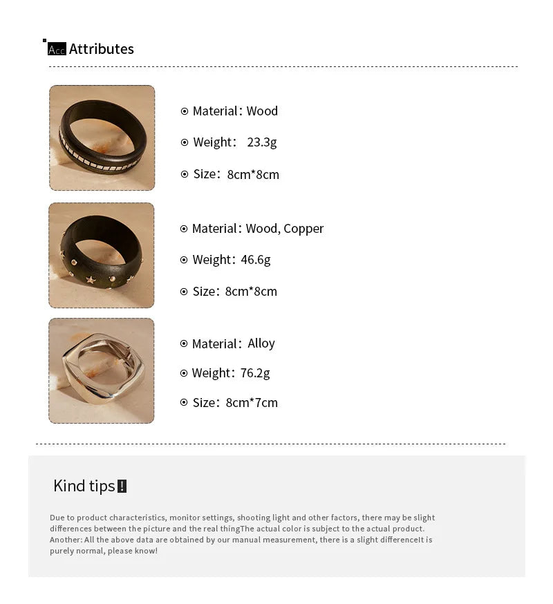 Wide Wood Bangle — Natural Beads with Rivet Detail, 18 Styles