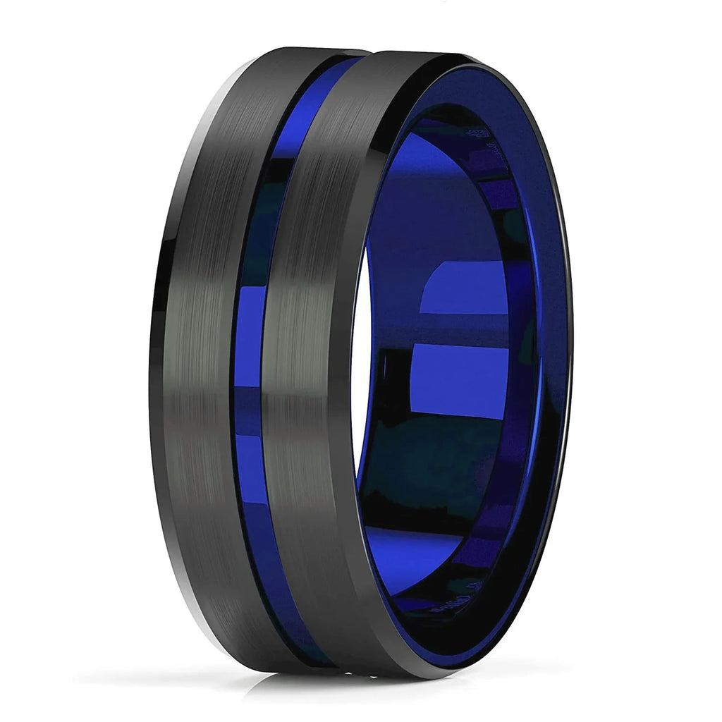 Celtic Dragon Tungsten Ring — 8mm Black Band with Blue Zircon Inlay