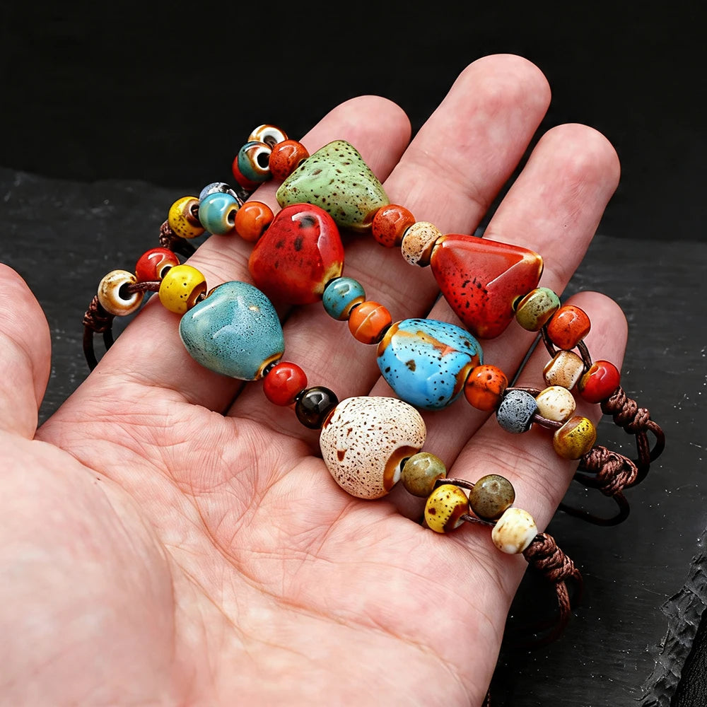 Ceramic Bead Bracelet — Adjustable Macramé Cord, Handmade Minimalist