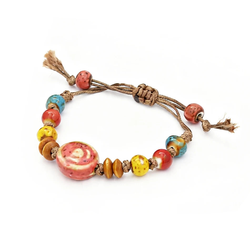Ceramic Bead Bracelet — Adjustable Macramé Cord, Handmade Minimalist