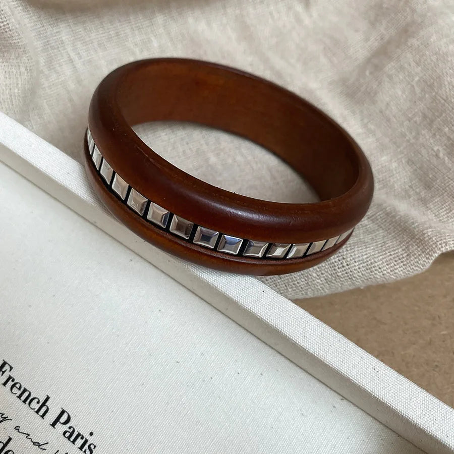 Wide Wood Bangle — Natural Beads with Rivet Detail, 18 Styles