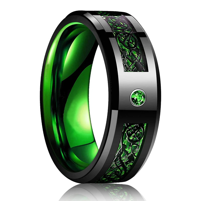 Celtic Dragon Tungsten Ring — 8mm Black Band with Blue Zircon Inlay