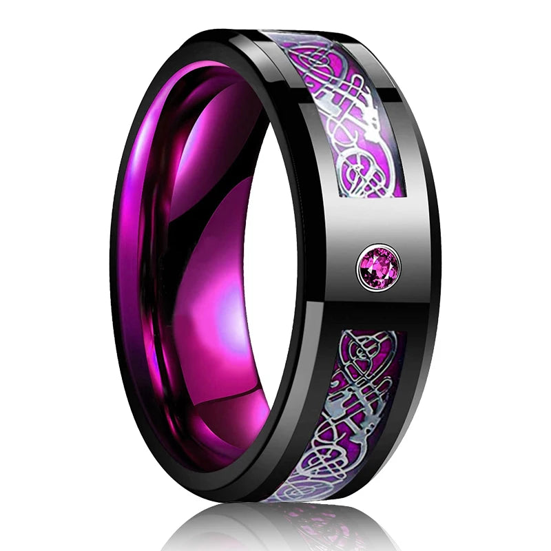 Celtic Dragon Tungsten Ring — 8mm Black Band with Blue Zircon Inlay
