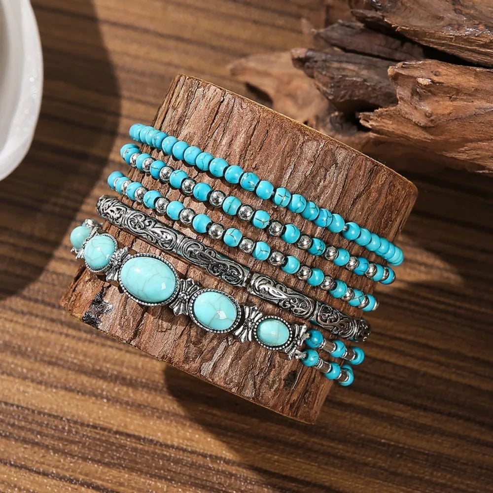 Turquoise Bead Bracelet Set — Natural Stone Layers with Vintage Charm