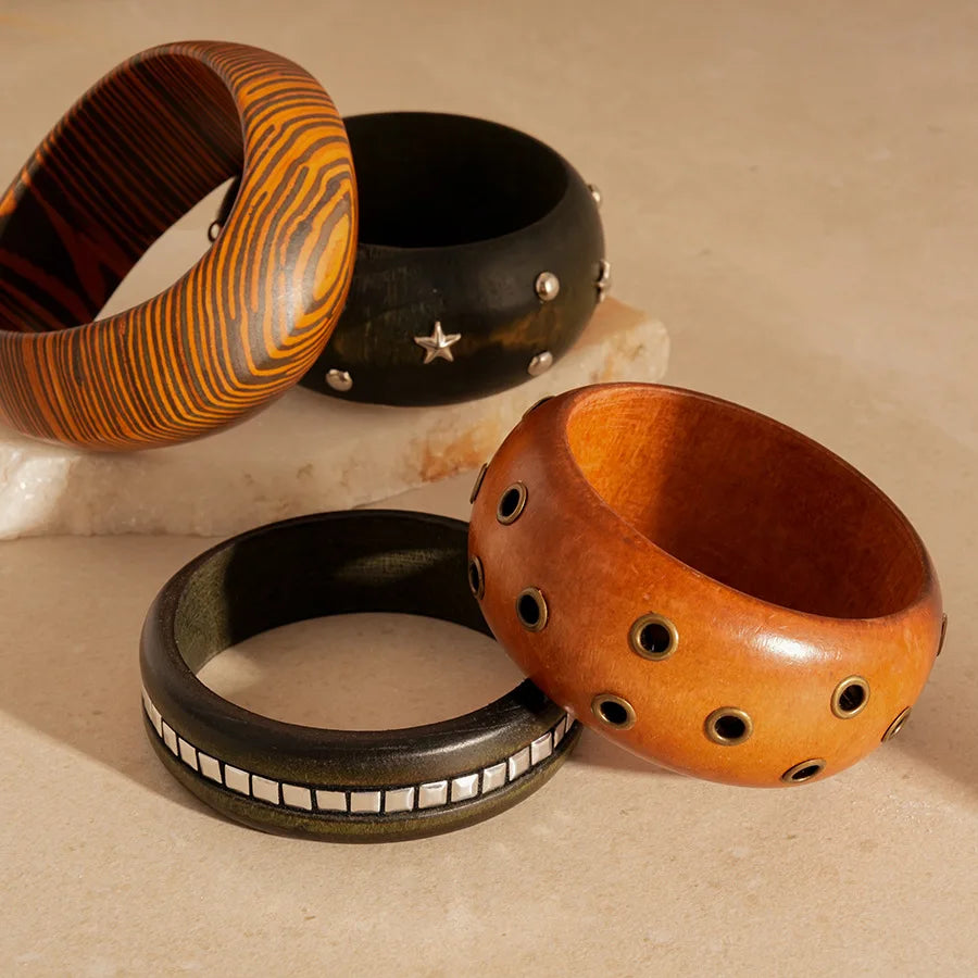 Wide Wood Bangle — Natural Beads with Rivet Detail, 18 Styles