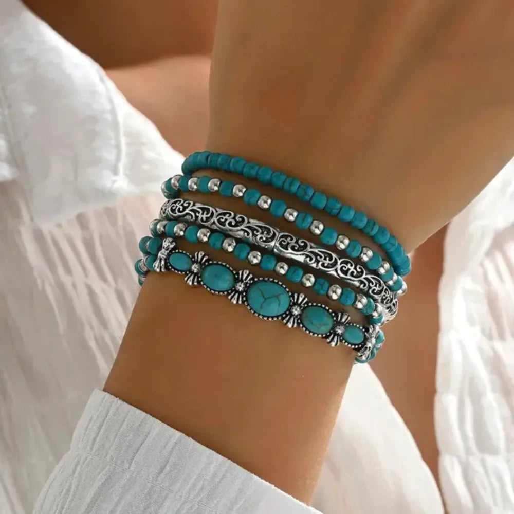 Turquoise Bead Bracelet Set — Natural Stone Layers with Vintage Charm
