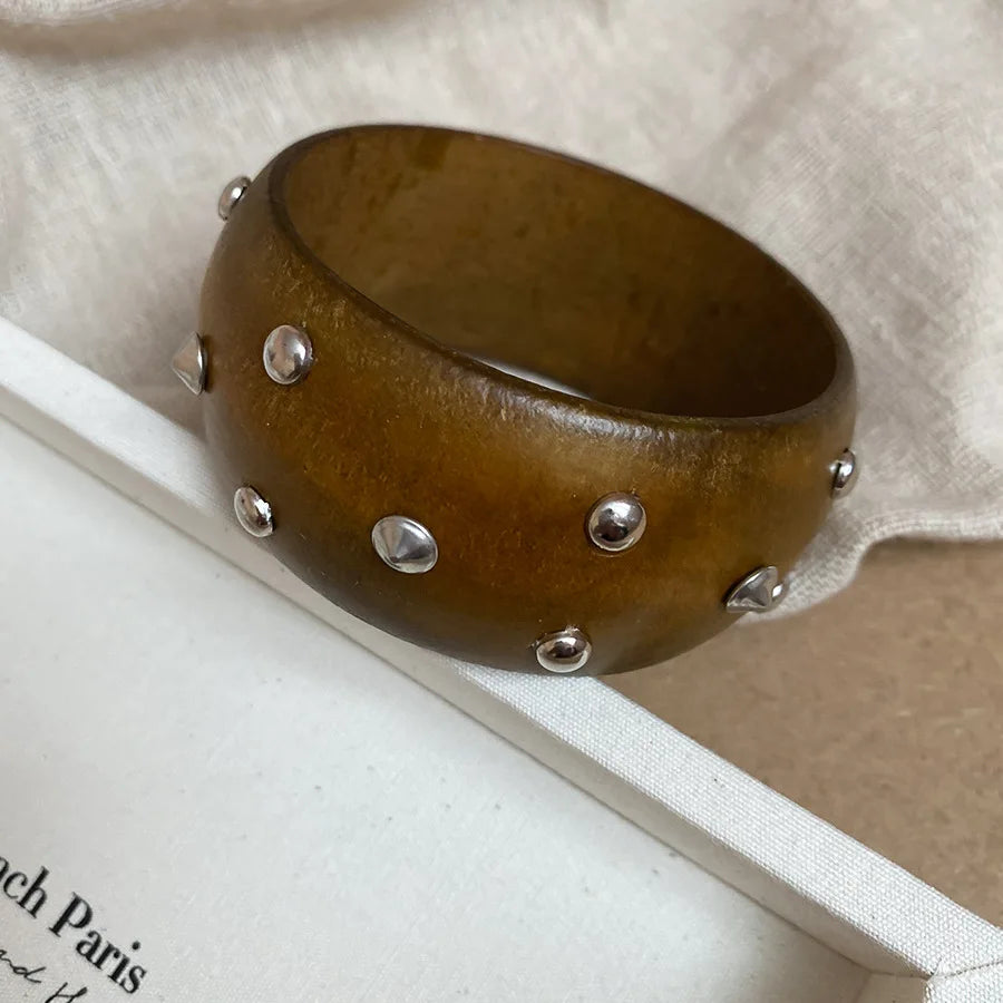 Wide Wood Bangle — Natural Beads with Rivet Detail, 18 Styles