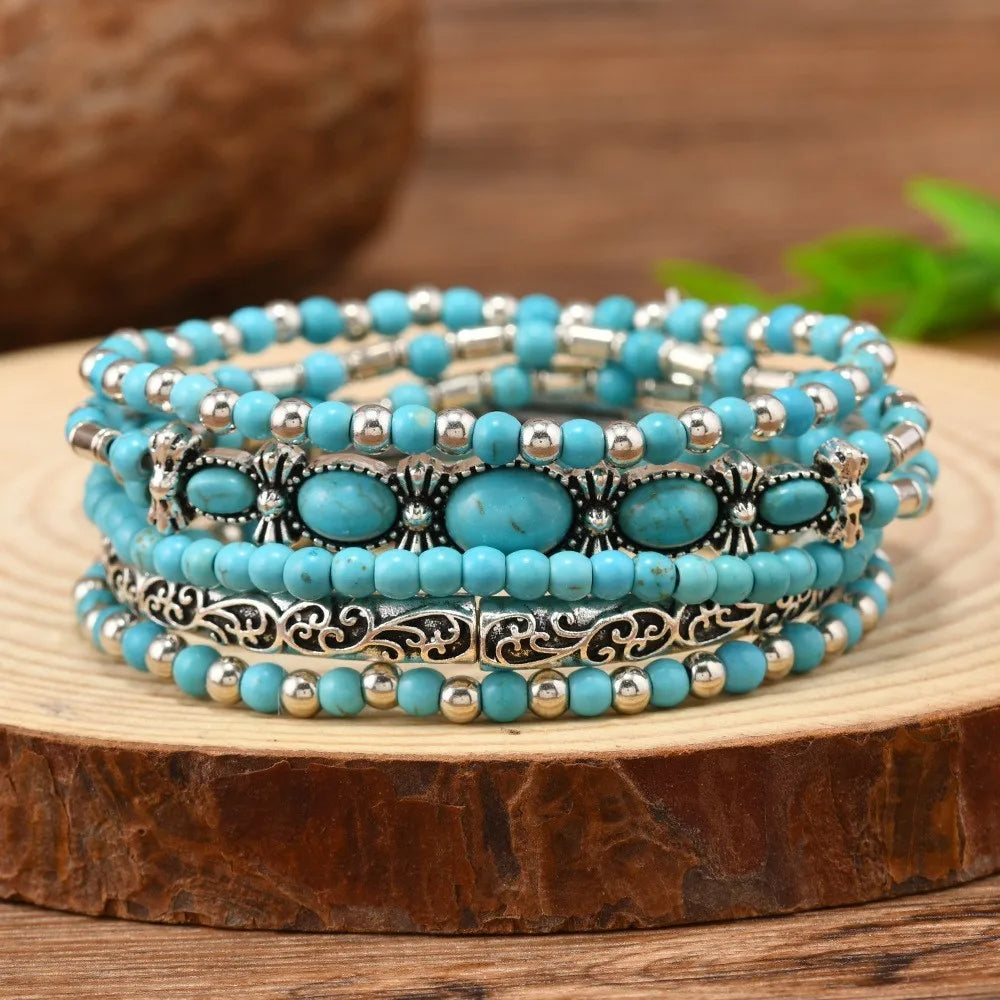 Turquoise Bead Bracelet Set — Natural Stone Layers with Vintage Charm