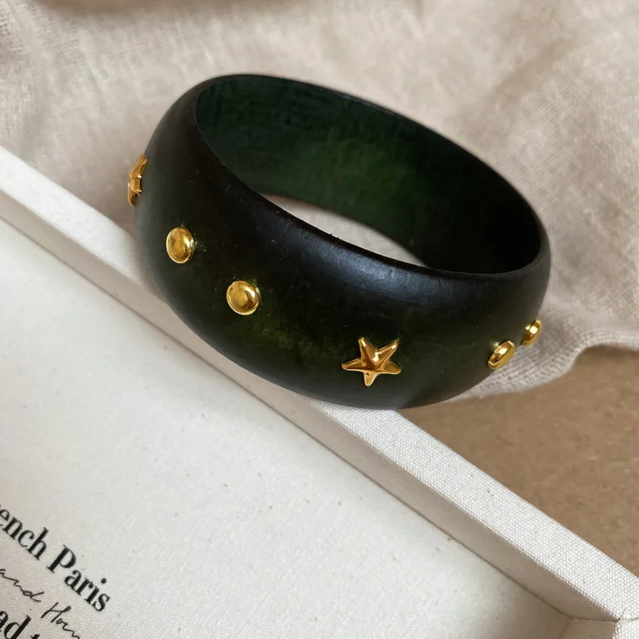 Wide Wood Bangle — Natural Beads with Rivet Detail, 18 Styles