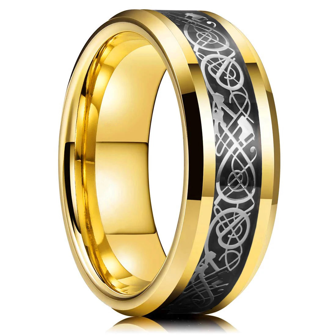 Celtic Dragon Tungsten Ring — 8mm Black Band with Blue Zircon Inlay