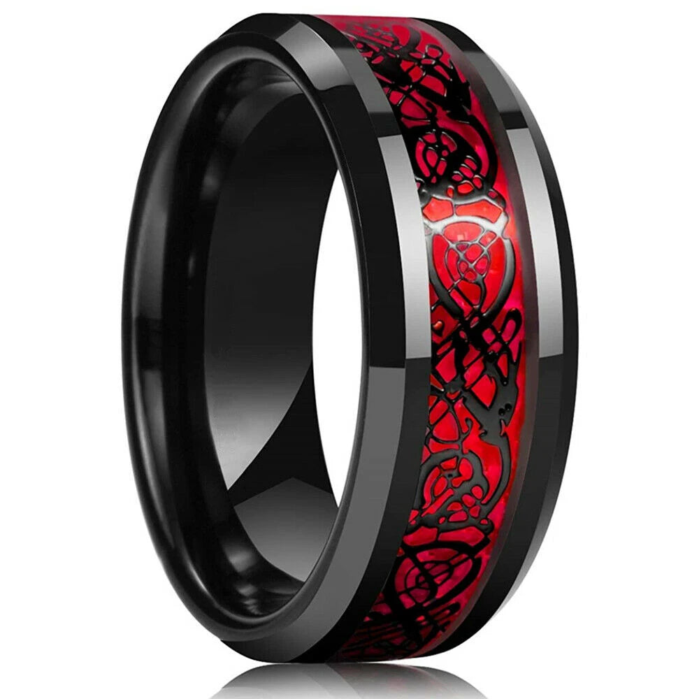 Celtic Dragon Tungsten Ring — 8mm Black Band with Blue Zircon Inlay