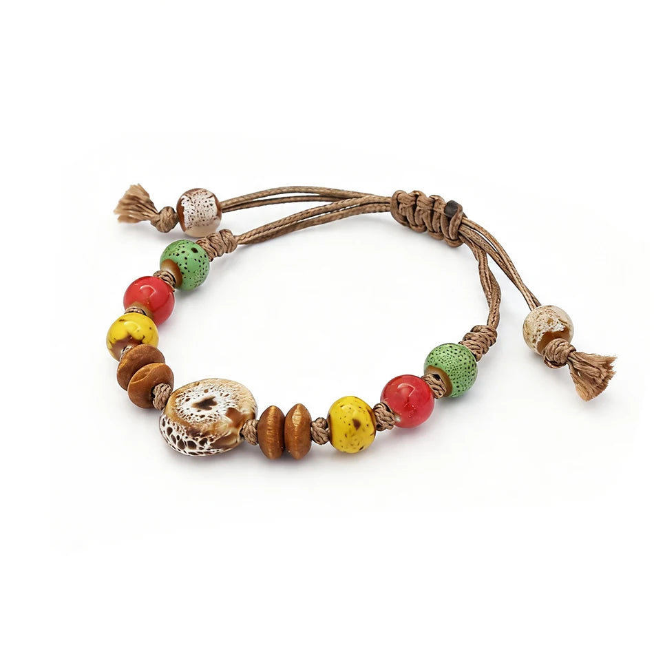 Ceramic Bead Bracelet — Adjustable Macramé Cord, Handmade Minimalist