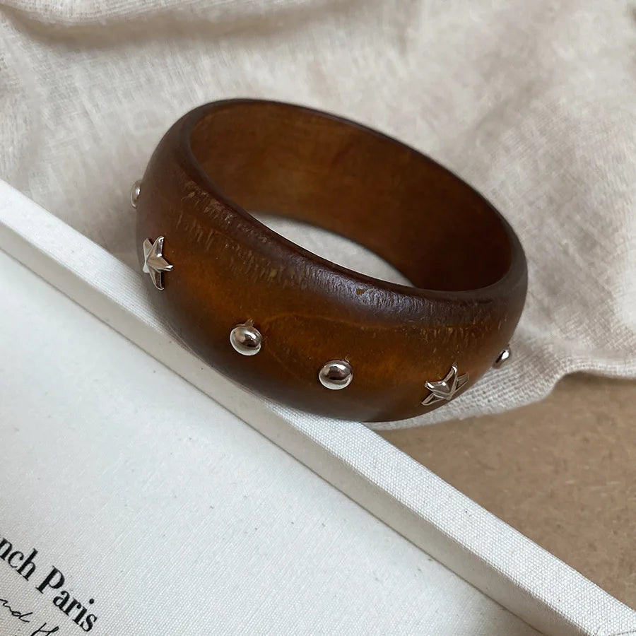 Wide Wood Bangle — Natural Beads with Rivet Detail, 18 Styles