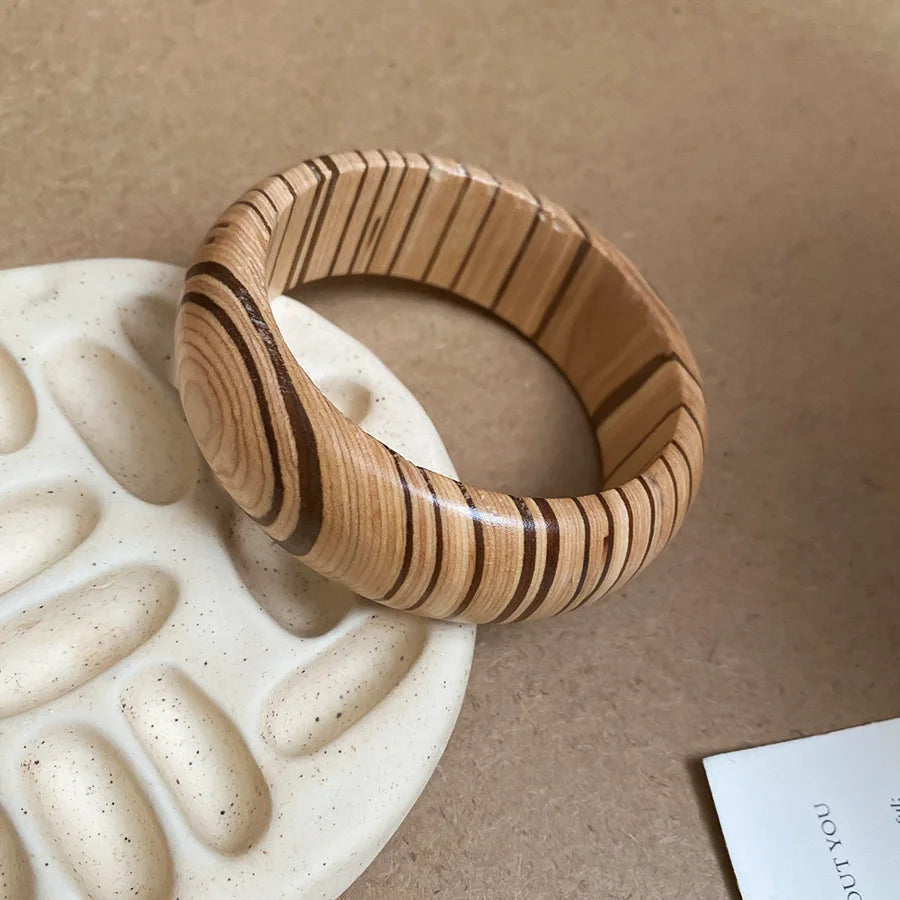 Wide Wood Bangle — Natural Beads with Rivet Detail, 18 Styles