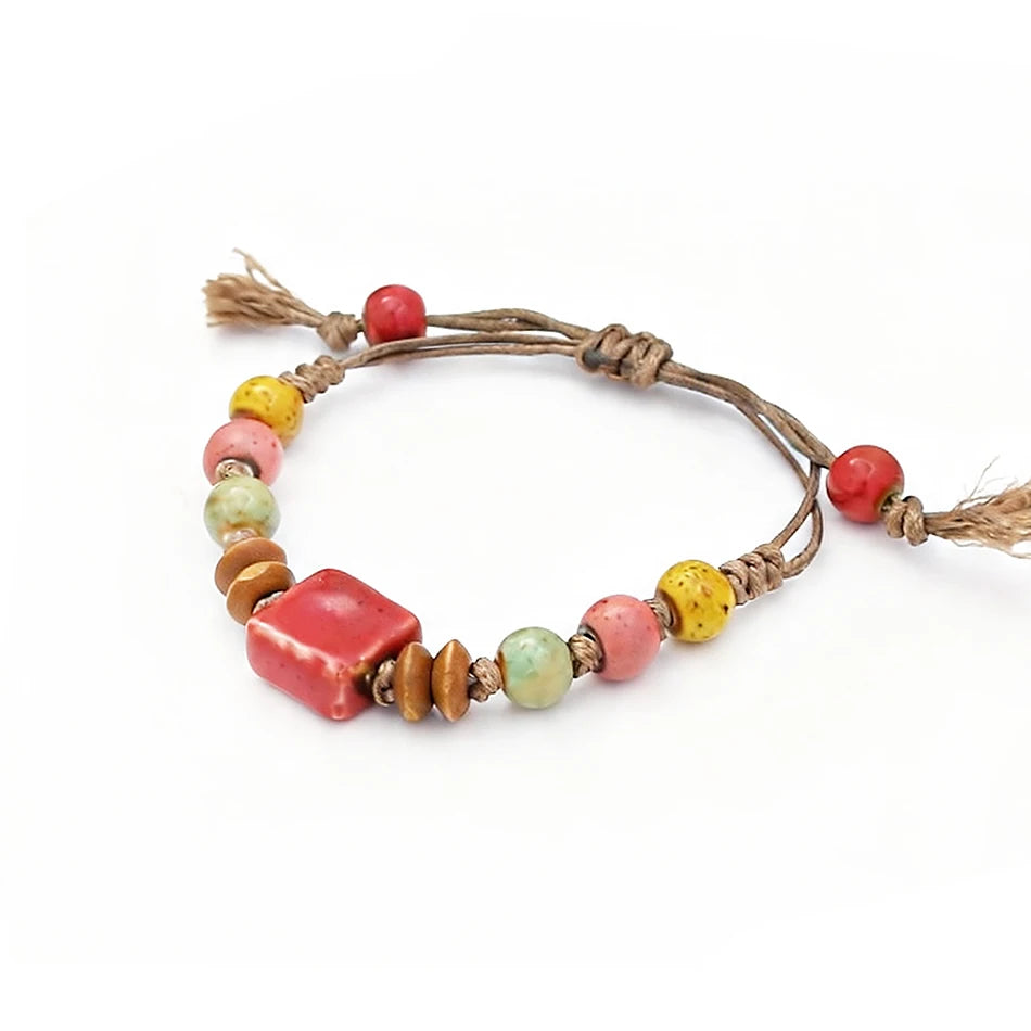 Ceramic Bead Bracelet — Adjustable Macramé Cord, Handmade Minimalist