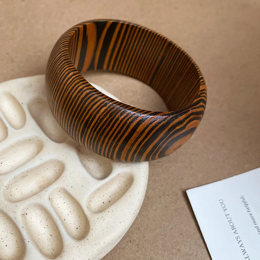 Wide Wood Bangle — Natural Beads with Rivet Detail, 18 Styles