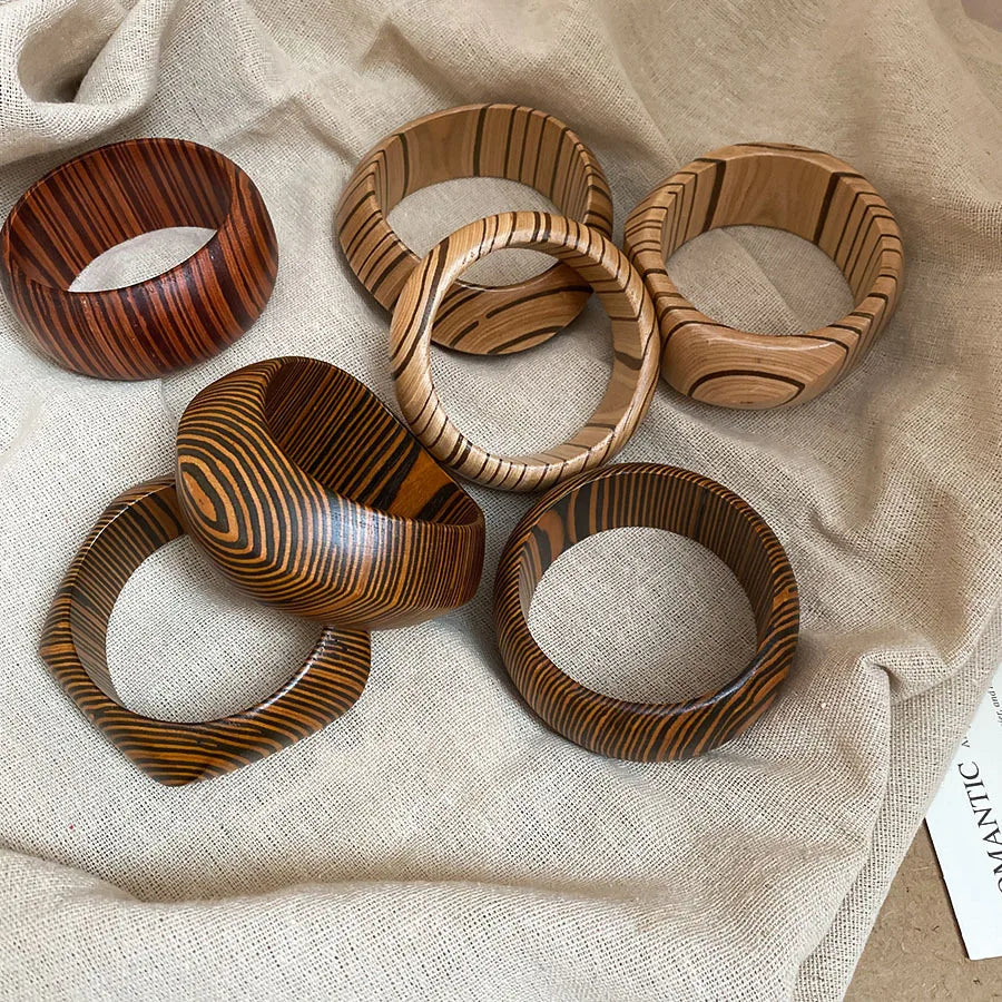 Wide Wood Bangle — Natural Beads with Rivet Detail, 18 Styles