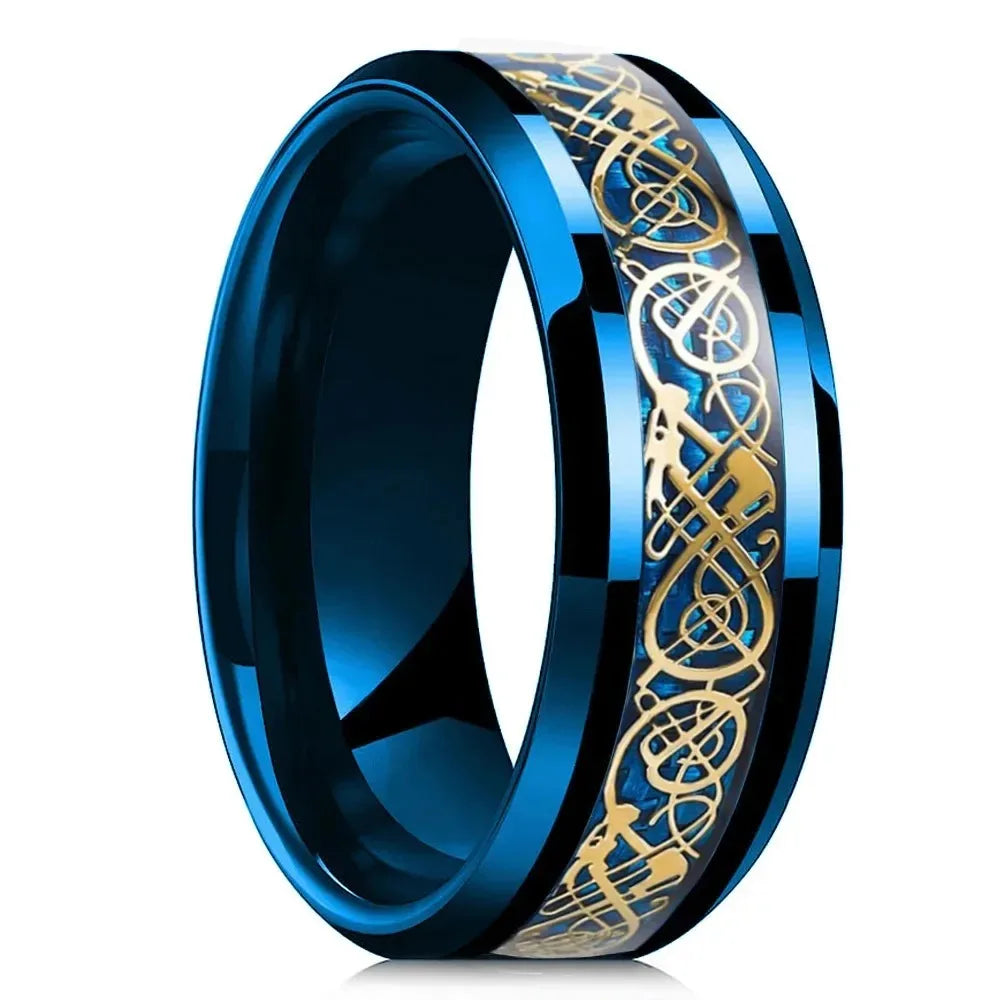 Celtic Dragon Tungsten Ring — 8mm Black Band with Blue Zircon Inlay