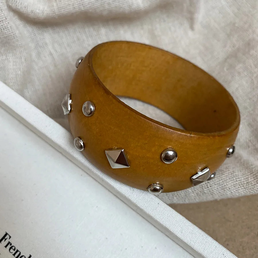 Wide Wood Bangle — Natural Beads with Rivet Detail, 18 Styles