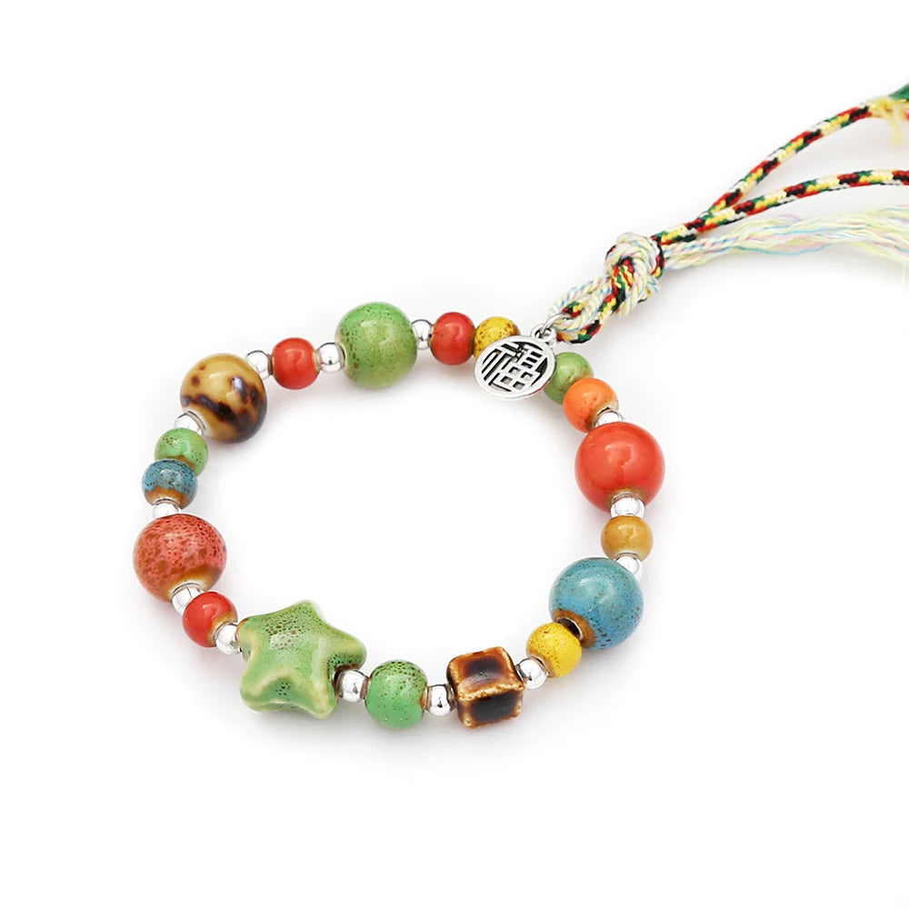 Ceramic Bead Bracelet — Adjustable Macramé Cord, Handmade Minimalist