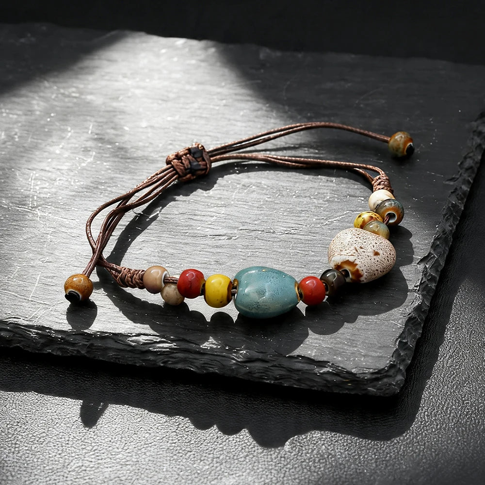 Ceramic Bead Bracelet — Adjustable Macramé Cord, Handmade Minimalist
