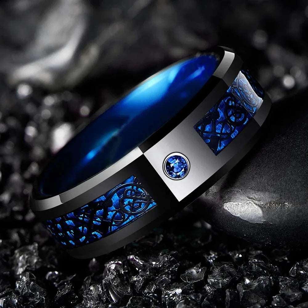 Celtic Dragon Tungsten Ring — 8mm Black Band with Blue Zircon Inlay