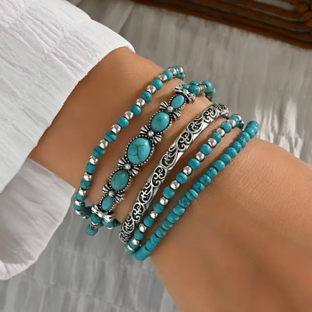 Turquoise Bead Bracelet Set — Natural Stone Layers with Vintage Charm