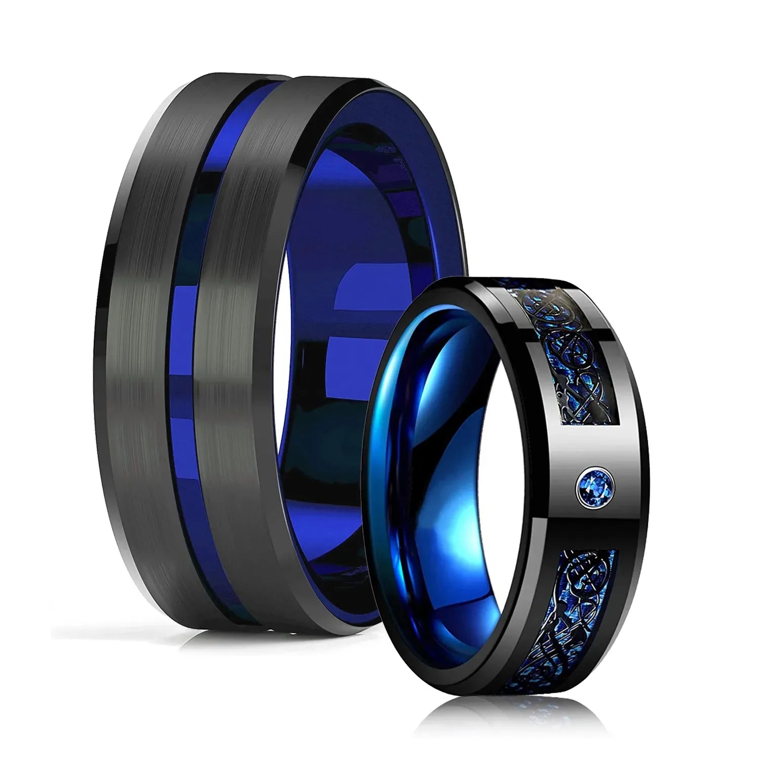 Celtic Dragon Tungsten Ring — 8mm Black Band with Blue Zircon Inlay