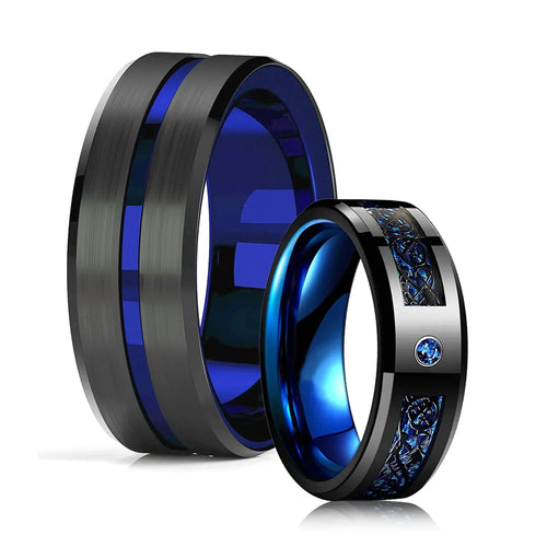Celtic Dragon Tungsten Ring — 8mm Black Band with Blue Zircon Inlay