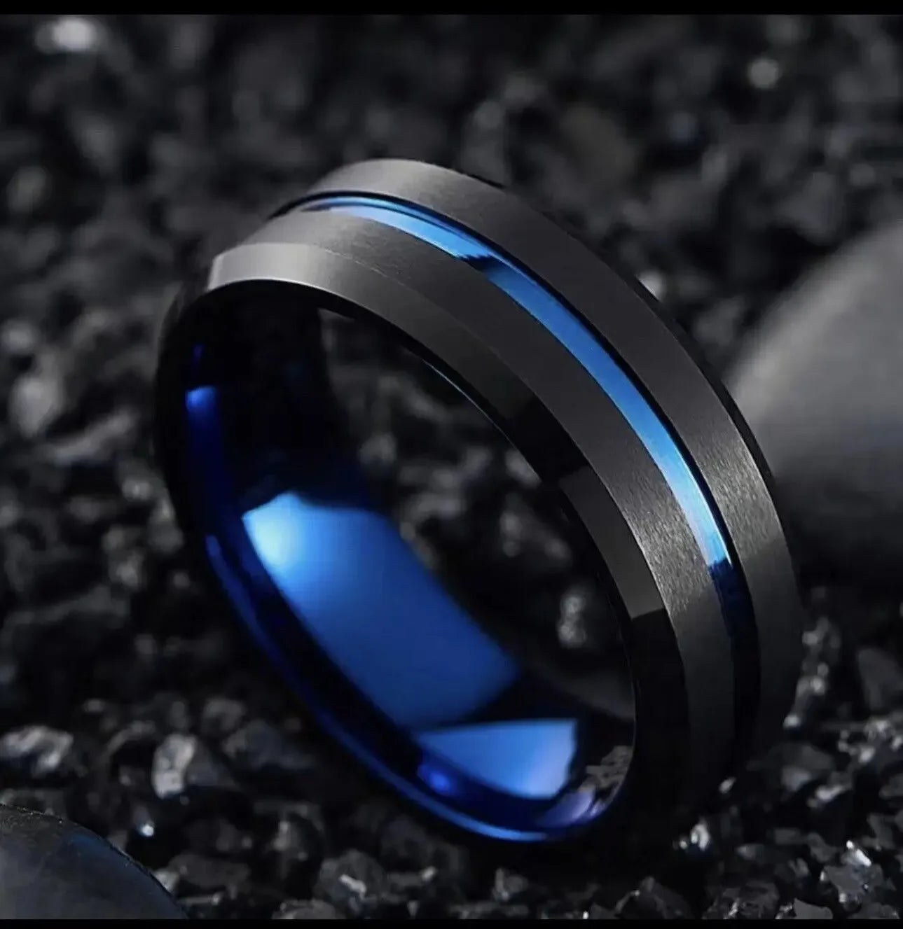Celtic Dragon Tungsten Ring — 8mm Black Band with Blue Zircon Inlay