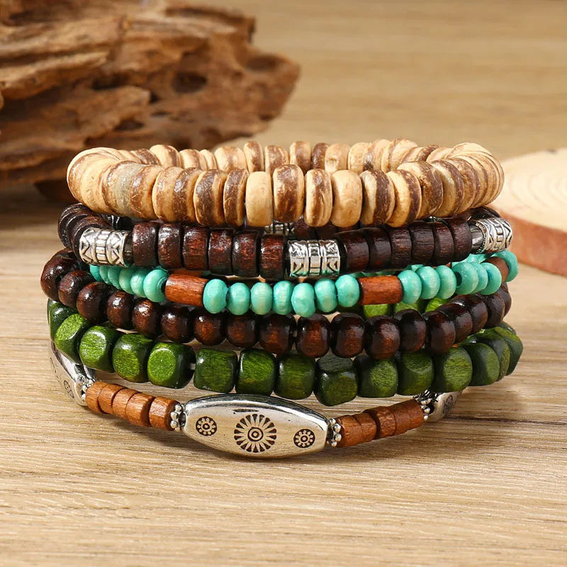 Stacked Wood Bead Bracelet Set — Handmade Bohemian Layers for Every Day