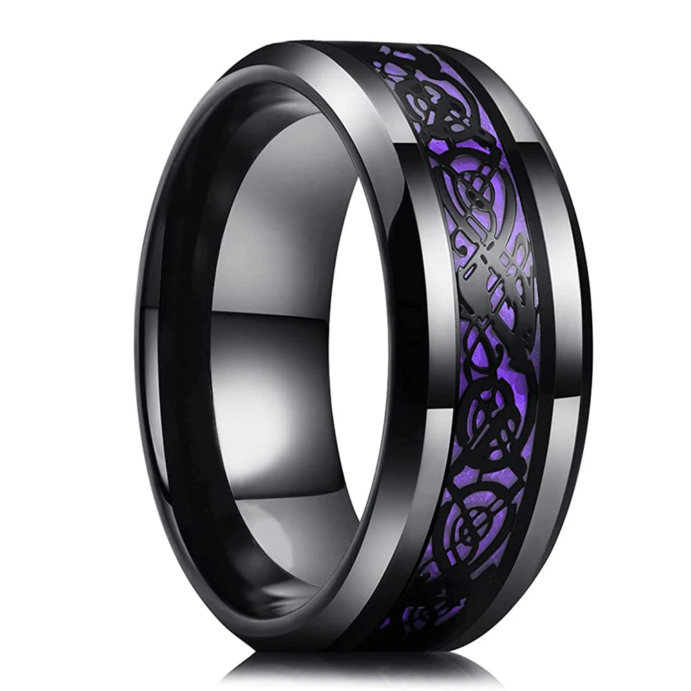Celtic Dragon Tungsten Ring — 8mm Black Band with Blue Zircon Inlay